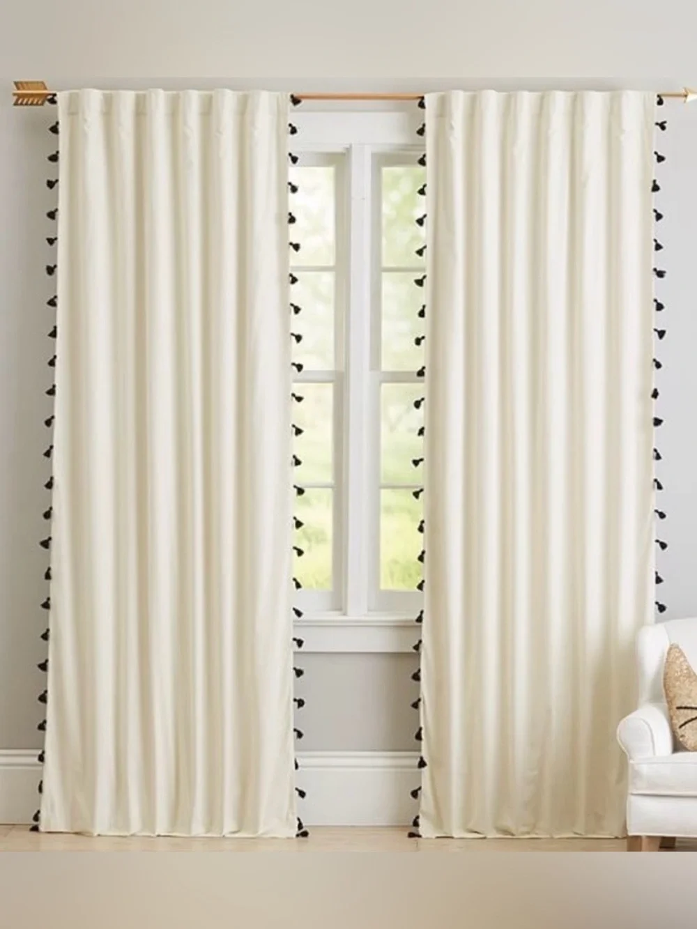 Curtain Panel- Pottery Barn Teen Blackout curtains cream & black tassel set of 2